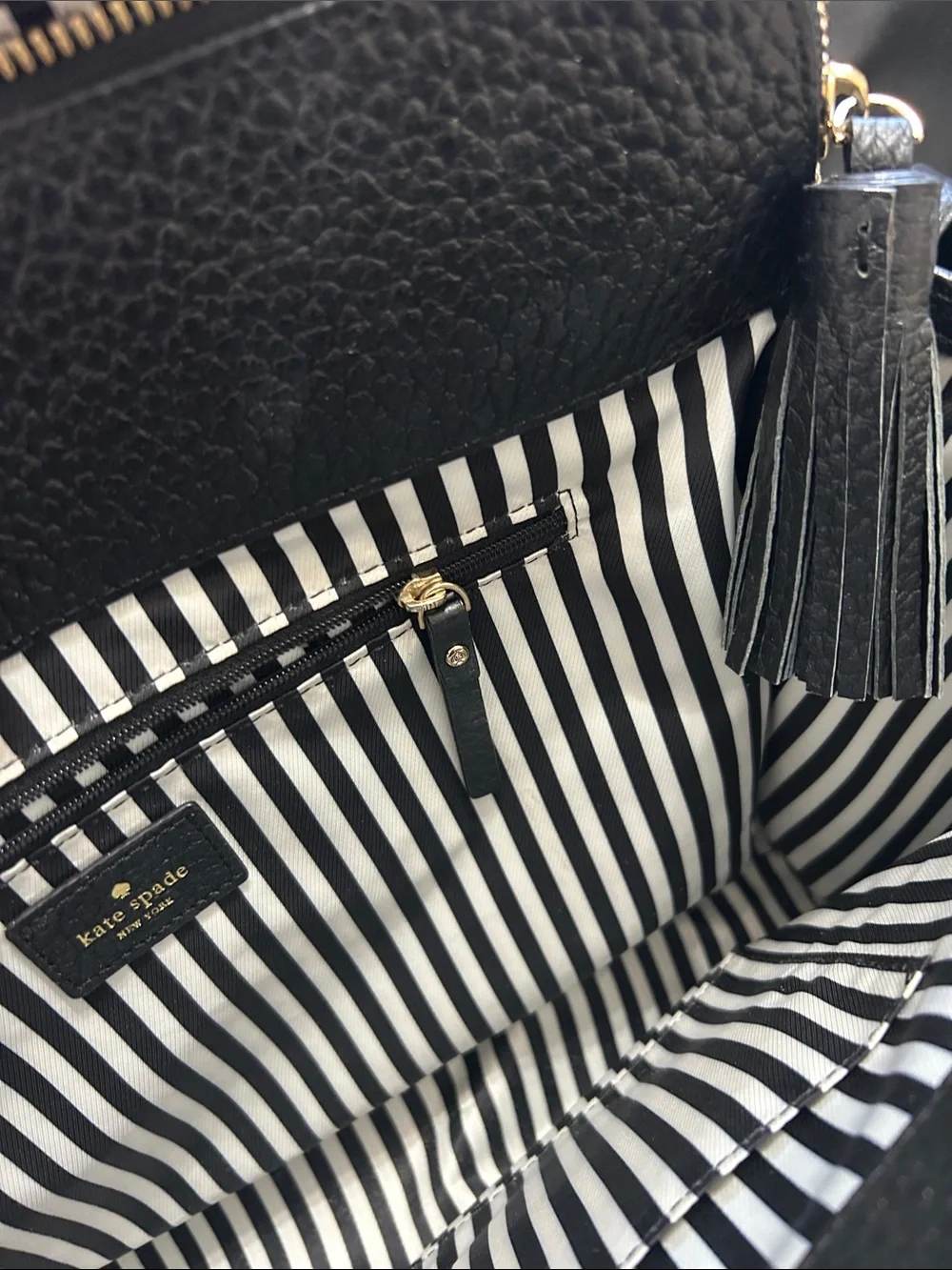 kate spade Black Pebbled Leather Dome Satchel with Gold Logo